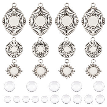 DIY Blank Photo Pendant Making Kit, Including Sun & Oval & Flower 304 Stainless Steel Pendant Cabochon Settings, Glass Cabochons, Stainless Steel Color, 42Pcs/box
