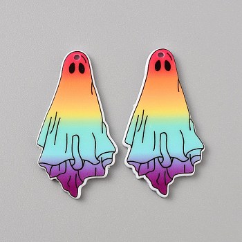 Halloween Printed Opaque Acrylic Pendants, Ghost Charm, Colorful, 45x24.5x2mm, Hole: 1.6mm