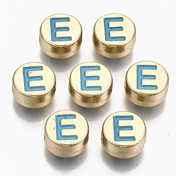 Alloy Enamel Beads, Cadmium Free & Lead Free, Flat Round with Initial Letters, Light Gold, Sky Blue, Letter.E, 8x4mm, Hole: 1.5mm