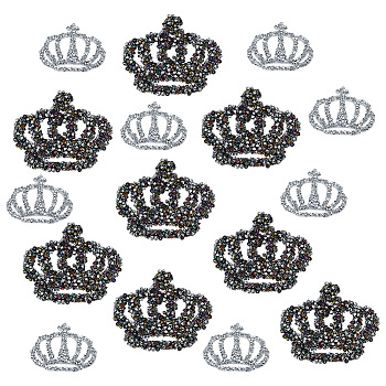 16Pcs 2 Styles Crown Glass/Resin Hotfix Rhinestone, Iron on Appliques, Costume Accessories, for Clothes, Bags, Pants, Mixed Color, 23~36x30~43.5x2~3mm, 8pcs/style