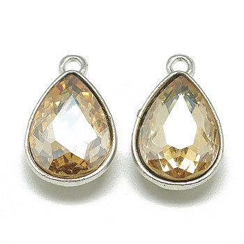 Alloy Glass Charms, Faceted, teardrop, Platinum, Pale Goldenrod, 14.5x9x5mm, Hole: 1.5mm