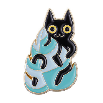 Cat with Plant Enamel Pin, Alloy Animal Brooch for Clothes Backpack, Dark Turquoise, 30x19.3mm