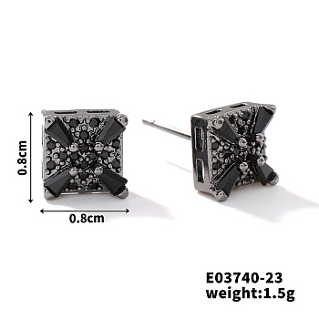 Chic Brass Cubic Zirconia Stud Earrings, Fashionable and Versatile Accessories, Square, Black, 8x8mm