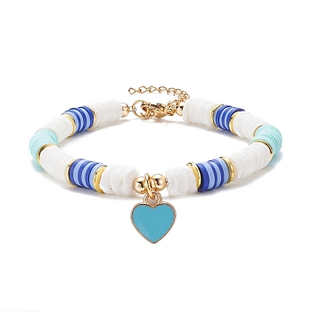 Heart Charm Bracelet, Polymer Clay Heishi Surfer Bracelet, Preppy Jewelry for Women, Golden, Blue, 7-5/8 inch(19.4cm)