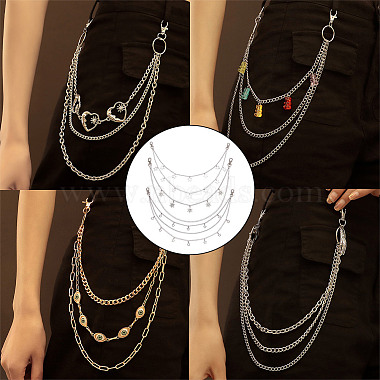 4Pcs 4 Styles Brass & 304 Stainless Steel Double Layer Chains for Jeans Pants with Alloy Star Charms(AJEW-GO00009)-5