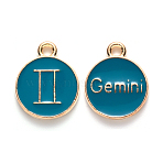 Alloy Enamel Pendants, Cadmium Free & Lead Free, Flat Round with Constellation, Light Gold, Dark Cyan, Gemini, 22x18x2mm, Hole: 1.5mm(ENAM-S124-01A-05I)