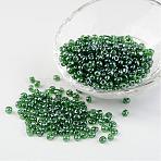 Round 6/0 Glass Seed Beads, Trans. Colours Lustered, Green, Size: about 4mm in diameter, hole: 1.5mm, about 496pcs/50g(X-SEED-A006-4mm-107)