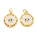 Brass Micro Pave Clear Cubic Zirconia & Green Enamel Charms, Flat Round with Evil Eye Charms, Rack Plating, Long-Lasting Plated, Lead Free & Cadmium Free, Golden, 17x14.5x3mm, Hole: 4mm(CU-CBA5CB0-28G)