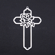 201 Stainless Steel Big Pendants, Filigree Joiners Findings, Laser Cut, Cross with Flower, Stainless Steel Color, 62.5x39.5x1mm, Hole: 1.5mm(STAS-S105-JN885)