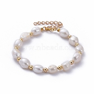 Natural Baroque Pearl Keshi Pearl Beaded Bracelets, with Iron Chain Extender, Brass Beads and Spring Ring Clasps, Golden, 7-3/8 inch(18.6cm)(BJEW-JB05264)