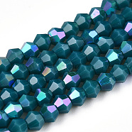 Opaque Solid Color Electroplate Glass Beads Strands, AB Color Plated, Faceted, Bicone, Marine Blue, 3x2.5mm, Hole: 0.7mm, about 145~150pcs/strand, 16.34~16.54 inch(41.5~42cm)(EGLA-A039-P2mm-L18)