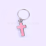 Resin Pendants, with Iron Ring, Cross, Platinum, Pink, 32mm, Cross: 21x11x3mm, Hole: 12.5mm(RESI-WH0007-04I)