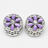 Alloy European Beads, with Rhinestones, Large Hole Beads, Long-Lasting Plated, Flat Round with Flower, Antique Silver, Medium Purple, 11.5x10mm, Hole: 4.5mm(X-MPDL-S064-07E)
