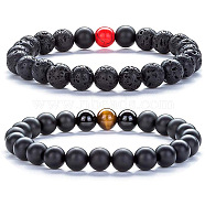 2Pcs 2 Style Natural Tiger Eye & Lava Rock & Synthetic Black Stone Round Beaded Stretch Bracelets Set(SF6156-3)