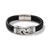 Men's Braided Black PU Leather Cord Bracelets, Lock 304 Stainless Steel Link Bracelets with Magnetic Clasps, Antique Silver, 8-3/4 inch(22.1cm)(BJEW-K243-13AS)