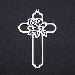 Non-Tarnish 201 Stainless Steel Big Pendants, Filigree Joiners Findings, Laser Cut, Cross with Flower, Stainless Steel Color, 62.5x39.5x1mm, Hole: 1.5mm(STAS-S105-JN885)