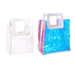 PVC Laser Transparent Bag, Tote Bag, with PU Leather Handles, for Gift or Present Packaging, Rectangle, White, Finished Product: 25.5x18x10cm, 2pcs/set(sgABAG-SZ0001-01A)