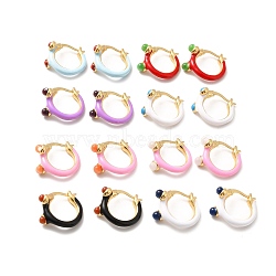 Enamel Hoop Earrings with Cat Eye, Real 18K Gold Plated Brass Hinged Earrings for Women, Lead Free & Cadmium Free & Nickel Free, Mixed Color, 15.5x18x8mm, Pin: 0.4x0.7mm(EJEW-F281-05-G)