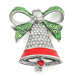 Christmas Theme Enamel Pins, Alloy Rhinestone Brooches for Backpack Clothes, Christmas Bell, Platinum, 38.5x32mm(JEWB-S022-04D-P)