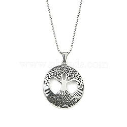201 Stainless Steel Pendant Necklaces,Flat Round with Tree Of Life, Stainless Steel Color, 23.43 inch(59.5cm)(NJEW-C034-33P)