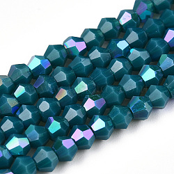 Opaque Solid Color Electroplate Glass Beads Strands, AB Color Plated, Faceted, Bicone, Marine Blue, 2.9~3.3x2.5mm, Hole: 0.7mm, about 145~150pcs/strand, 16.34~16.54 inch(41.5~42cm)(EGLA-A039-P2mm-L18)