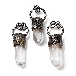 Natural Quartz Crystal Faceted Pointed Bullet Big Pendants, Rock Crystal Brass Ring Charms with Jump Rings, Red Copper, 46~54.5x20x10~15mm, Hole: 6.5mm(G-A221-08)