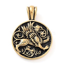 304 Stainless Steel Pendants, Flat Round with Griffin Charm, Antique Golden, 45x32x5.5mm, Hole: 6.5x6mm(STAS-R225-06AG)