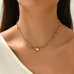Bohemian 304 Stainless Steel Heart Faceted Colorful Glass Beaded Necklaces for Women, Real 18K Gold Plated, 16.14 inch(41cm)(JD8300)