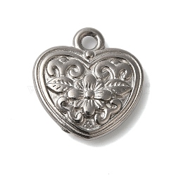 Non-Tarnish 304 Stainless Steel Pendants, Heart with Flower Charms, Stainless Steel Color, 20x19x4.5mm, Hole: 2mm(STAS-N103-57P)