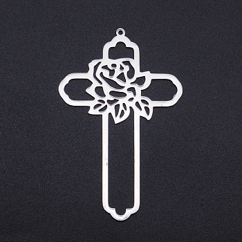 201 Stainless Steel Big Pendants, Filigree Joiners Findings, Laser Cut, Cross with Flower, Stainless Steel Color, 62.5x39.5x1mm, Hole: 1.5mm