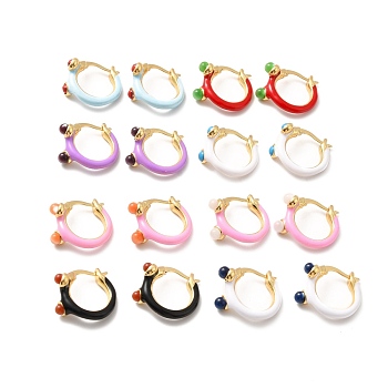 Enamel Hoop Earrings with Cat Eye, Real 18K Gold Plated Brass Hinged Earrings for Women, Lead Free & Cadmium Free & Nickel Free, Mixed Color, 15.5x18x8mm, Pin: 0.4x0.7mm