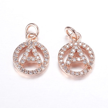 Brass Micro Pave Cubic Zirconia Pendants, Cadmium Free & Lead Free, Flat Round, Letter.A, Rose Gold, 16x10x2~2.5mm, Hole: 2.5~3mm