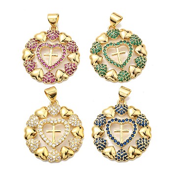 Rack Plating Brass Cubic Zirconia Pendants, Lead Free & Cadmium Free, Long-Lasting, Flat Round, Real 18K Gold Plated, 24x22x3mm, Hole: 5.5x3.5mm