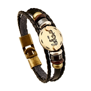 Braided Cowhide Cord Multi-Strand Bracelets, Constellation Bracelet for Men, with Wood Bead & Alloy Clasp, Virgo, 7-7/8~8-1/2 inch(20~21.5cm) 