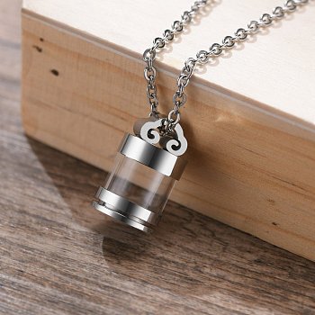 Openable Stainless Steel Memorial Urn Ashes Pendants, with Glass, Column, Stainless Steel Color, 22x13mm