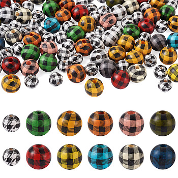 Biyun 100Pcs 2 Style Painted Natural Wood European Beads, Large Hole Beads, Printed, Round, Mixed Color, 50pcs/style