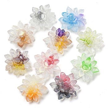 Luminous Transparent Epoxy Resin Decoden Cabochons, Glow in the Dark Flower with Glitter Powder, Mixed Color, 36.5x39x9.5mm