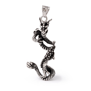 Tibetan Style 304 Stainless Steel Pendants, Dragon, Antique Silver, 56x25.5x25mm, Hole: 8x4.5mm