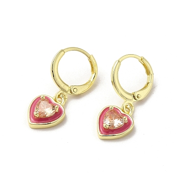 Heart Real 18K Gold Plated Brass Dangle Leverback Earrings, with Enamel and Glass, Red, 23.5x9mm
