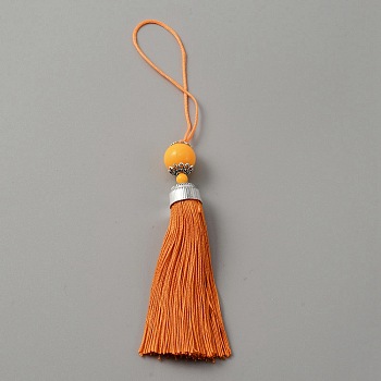 Polyester Tassel Big Pendants Decorations, with Acrylic Beaded and Platinum Alloy Findings, Dark Orange, 188mm