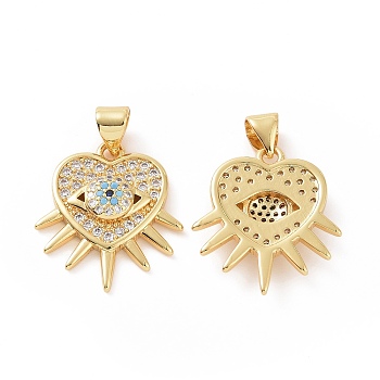 Brass Micro Pave Cubic Zirconia Pendants, Heart with Evil Eye Charm, Golden, 24x17.5x3.5mm, Hole: 5x3mm
