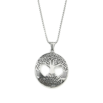 201 Stainless Steel Pendant Necklaces,Flat Round with Tree Of Life, Stainless Steel Color, 23.43 inch(59.5cm)