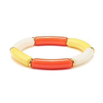 Curved Tube Opaque Acrylic Beads Stretch Bracelet for Teen Girl Women, Orange Red, Inner Diameter: 2-1/8 inch(5.5cm)