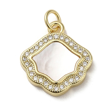 Brass Micro Pave Cubic Zirconia Pendants, with Shell, Real 18K Gold Plated, 17.5x16x3mm, Hole: 3.4mm