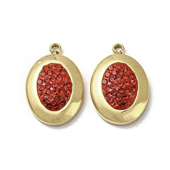 304 Stainless Steel Enamel Pendants, with Light Siam Rhinestone, Oval Charms, Real 14K Gold Plated, 17x11.5x3mm, Hole: 1.4mm