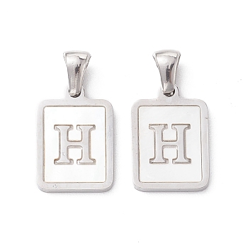 304 Stainless Steel Pave Shell Pendants, Rectangle Charm, Stainless Steel Color, Letter H, 17.5x12x1.5mm, Hole: 3x5mm