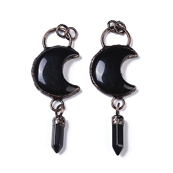 Natural Obsidian Crescent Moon Big Pendants, Faceted Bullet Gems Charms with Red Copper Plated Brass Findings, 95x32x9mm, Hole: 6mm