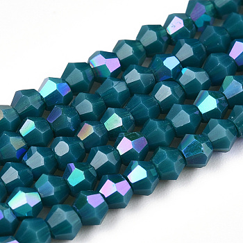 Opaque Solid Color Electroplate Glass Beads Strands, AB Color Plated, Faceted, Bicone, Marine Blue, 3x2.5mm, Hole: 0.7mm, about 145~150pcs/strand, 16.34~16.54 inch(41.5~42cm)