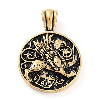 304 Stainless Steel Pendants, Flat Round with Griffin Charm, Antique Golden, 45x32x5.5mm, Hole: 6.5x6mm