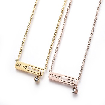 304 Stainless Steel Pendant Necklaces, with Rhinestone, Rectangle with Word Love, Mixed Color, 16.77 inch(42.6cm)